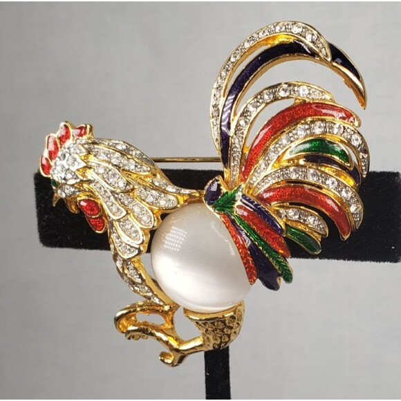 Vintage Moonstone Jelly Belly Body Enamel Crystal Rhinestone Rooster Brooch - Picture 5 of 13
